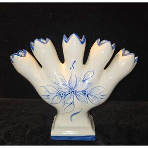 Vintage Hand-Painted Ceramic Tulip Vase With Blue Floral Design - Made In USA